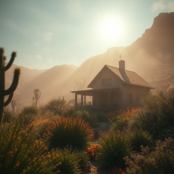 A small wooden house with a porch sits among desert plants and cacti, with mountains in the background and sunlight streaming through a hazy sky.