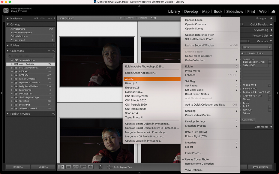 A computer screen displays Adobe Lightroom Classic with a user opening the "Edit In" menu to select "Apply LUT" for a photo.