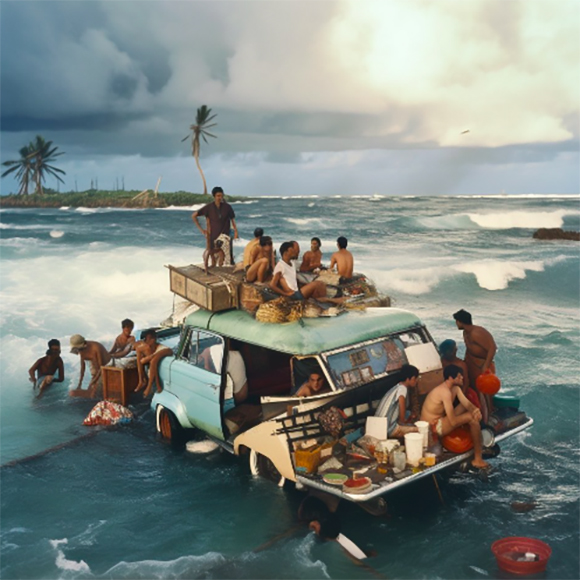 A group of people sit and stand on an old car partially submerged in ocean waves, with supplies and baskets on and around the vehicle under a cloudy sky.