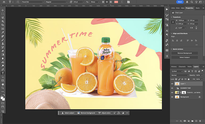 A graphic design software window displays an orange juice advertisement with bottles, a glass, oranges, leaves, and the word “SUMMERTIME” on a yellow background.