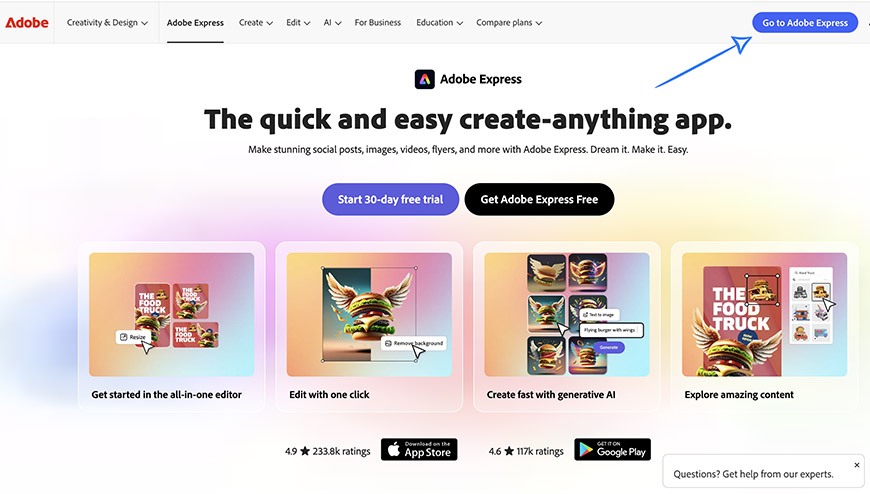 Screenshot of the Adobe Express homepage showing options to start a free trial, edit with AI, create fast with generative AI, and explore content; a blue arrow points to "Go to Adobe Express" in the top right corner.