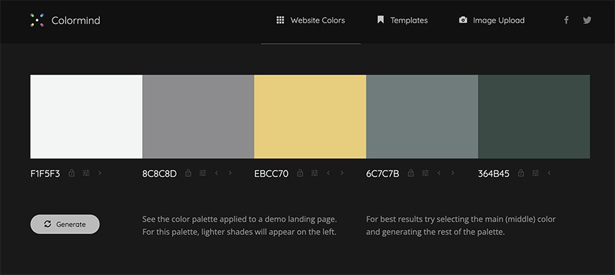 A five-color palette is displayed: off-white, gray, yellow, light teal, and dark green, with their hex codes shown below each color.