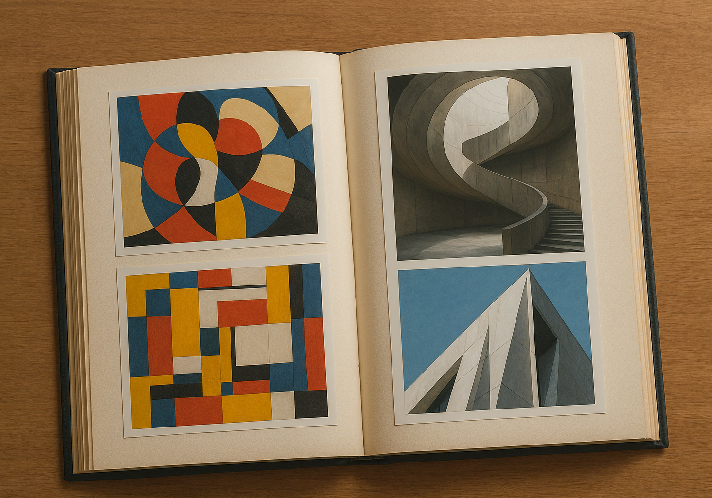An open book displays four images: two abstract geometric paintings on the left page, and two architectural photographs on the right page, all arranged neatly on a wooden surface. An open book displays four images: two abstract geometric paintings on the left page, and two architectural photographs on the right page, all arranged neatly on a wooden surface.